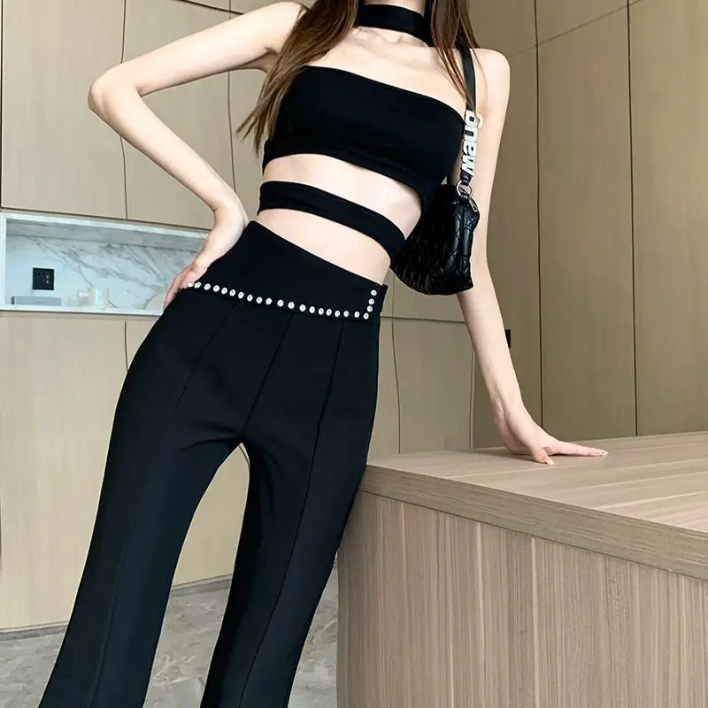 Korean Fashion Women Black Flare Pants Spring Autumn New Slim High Waist Streetwear Casual Split All-match Y2K Diamond Trousers