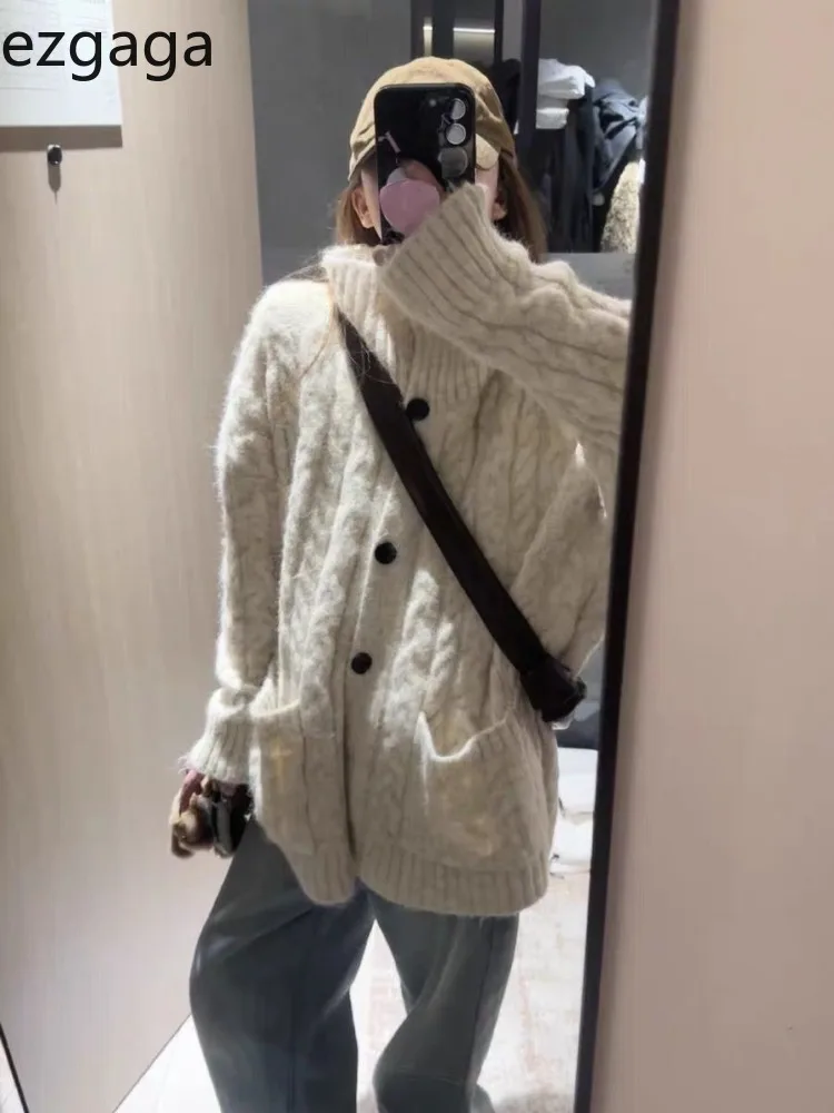 

Ezgaga Knitted Cardigan Women Autumn Winter Loose Turtleneck Slingle Breasted Pockets Fashion Sweater Outwear Female Casual