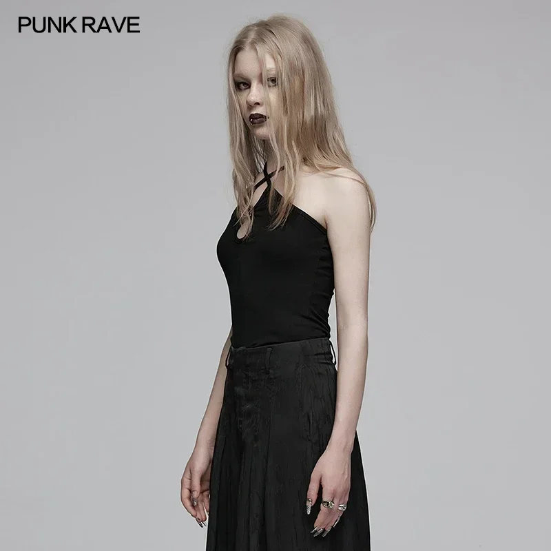 PUNK RAVE Women's Chinese Style Water-drop Hollow Camisole Daily Halter  Hollowed Elastic Black Tops Women Clothes