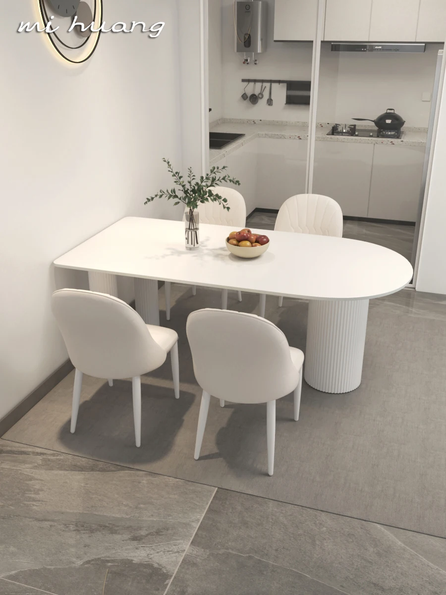 

Cream wind semi-circular white rock slab dining table and chairs household small apartment against the wall modern simple cute