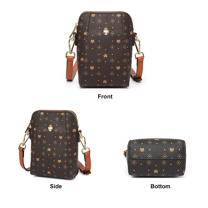 FOXER Woman Brown Monogram Cellphone Bag Vintage Shoulder Bag Travel Crossbody Bag PVC Leather Lady Mini Shopping Messenger Bags