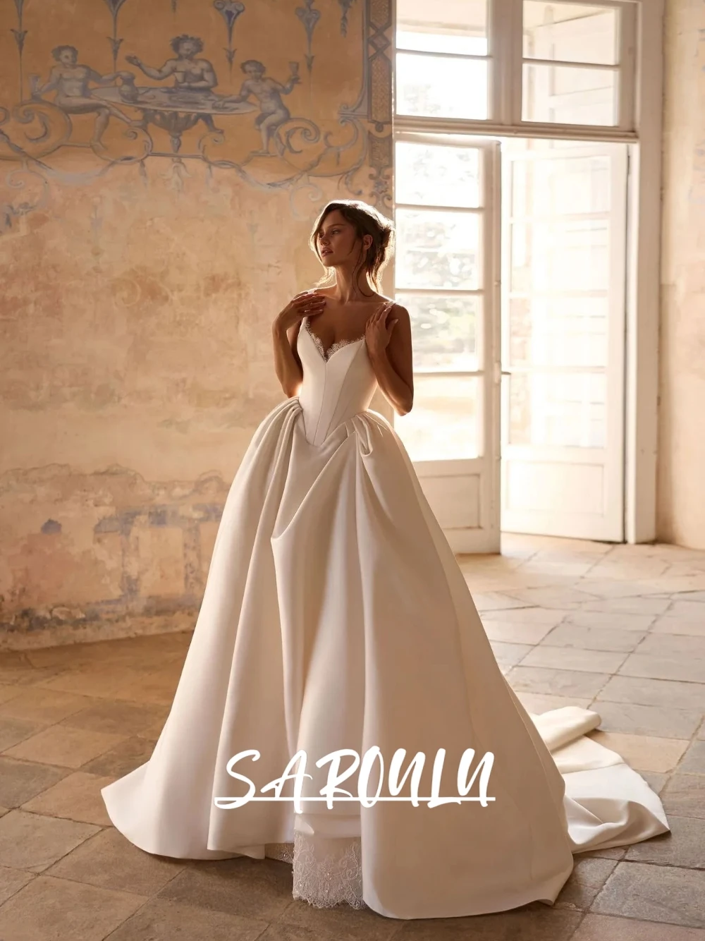 Modern Romantic Satin Ball Gown Wedding Dress Castle Classy Wide Strap V Neck Lace Trim Corset Bodice Customized Bridal Gowns