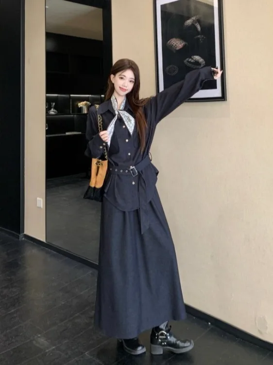 

Женский винтажный джинсовый комплект больших размеров: рубашка с длинным рукавом и свободная юбка с высокой талией, осенне-зимний, в корейском стиле