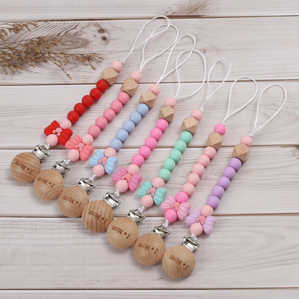 Beech Wood Round Pacifier Holder Clip Cartoon Bow Silicone Beads Teething Chain For Baby Soother Pacifier Chain Nursing Chew Toy