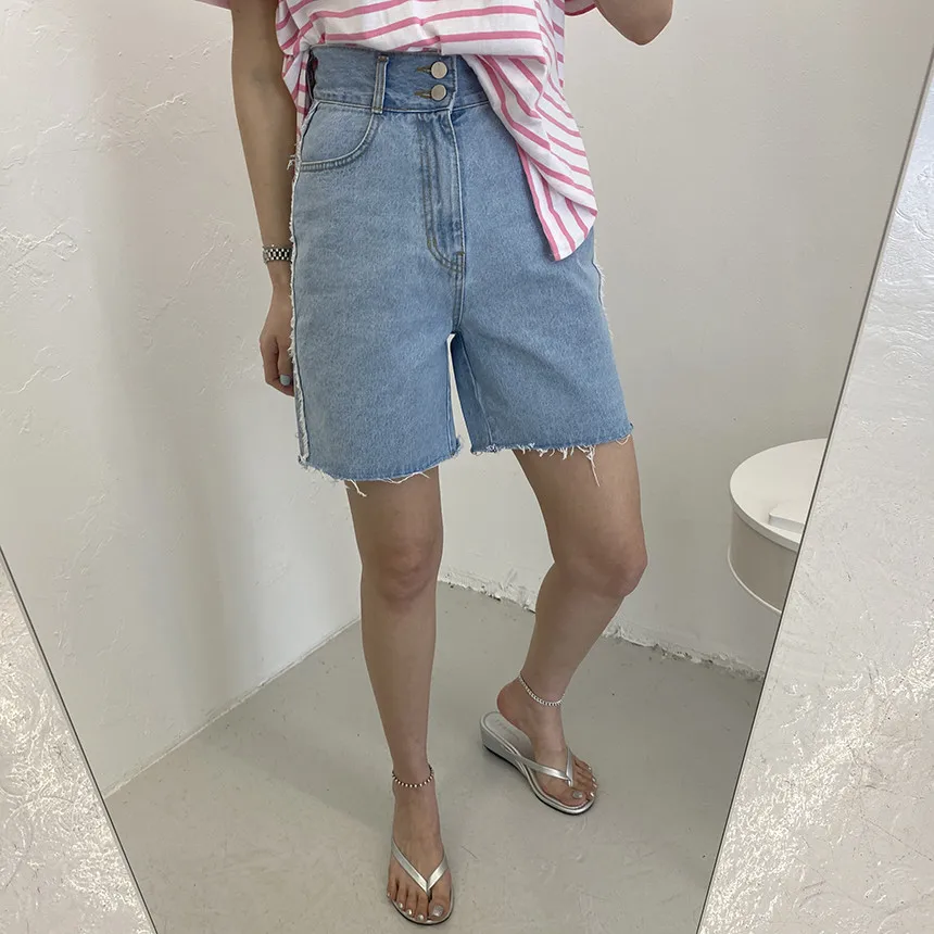 High Waist Wide Leg Denim Shorts Side Frayed Casual Loose Fit Blue Cotton Jeans Short Pants for Women Spring Summer Autumn