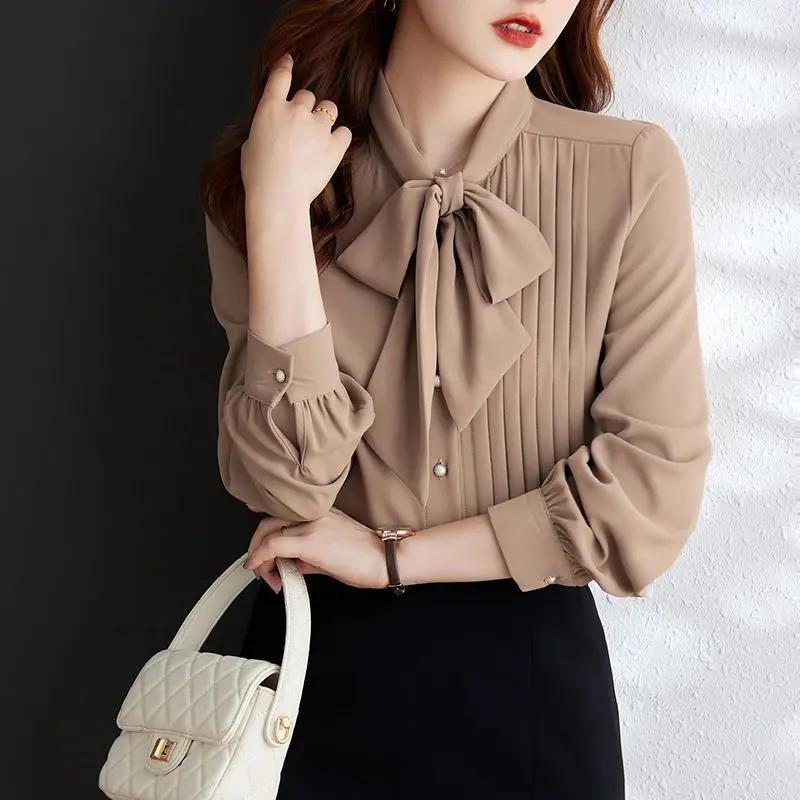 

Light Coffee Colored Lace Up Chiffon Long Sleeved Shirt for Women with Bow Collar and Irregular Design New Stylish and Fashiona