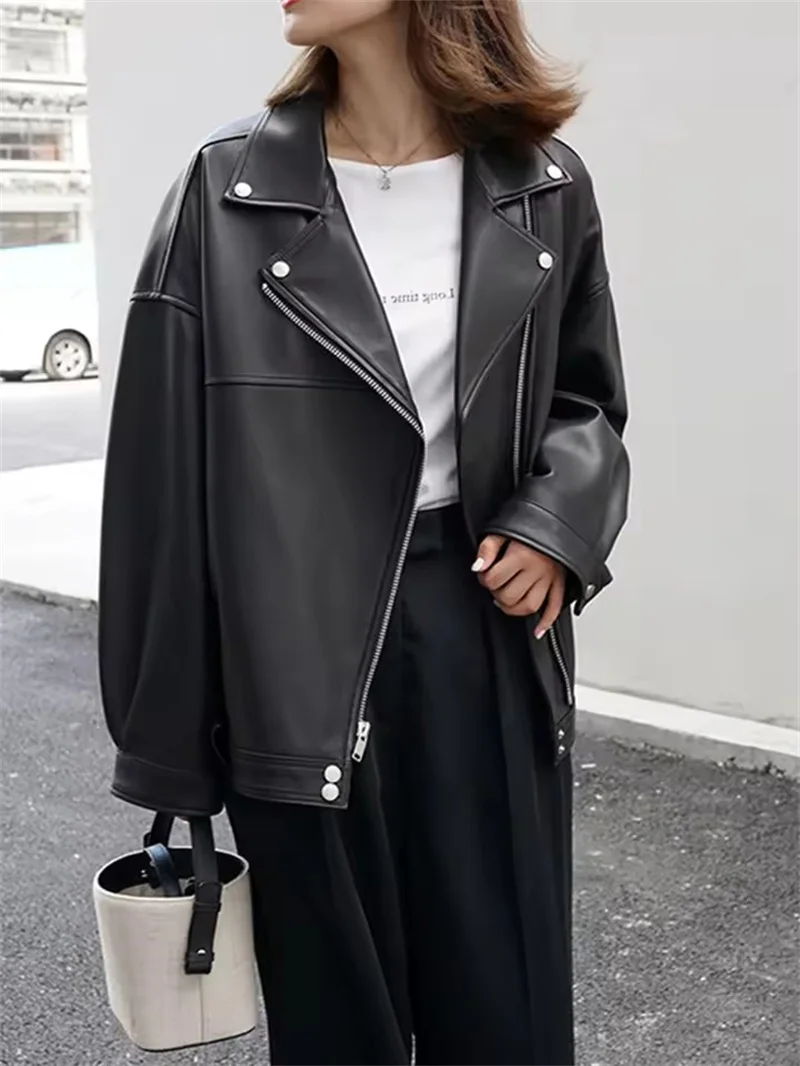 Veste en Faux cuir PU pour femme, vêtement d'extérieur décontracté, noir, à revers, à manches longues, pour moto, nouvelle collection printemps-automne 2025