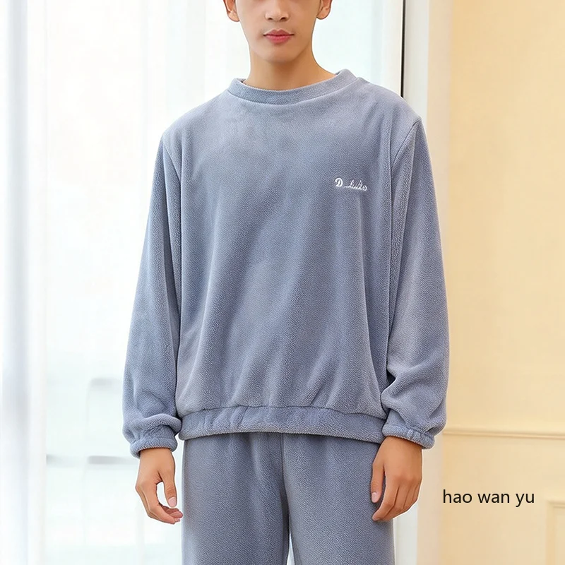 Thickened Warm Men's Coral Velvet Pajamas Autumn and Winter Homewear Long-Sleeved Solid Color Soft Sleepwear 2PCS/Set Couple