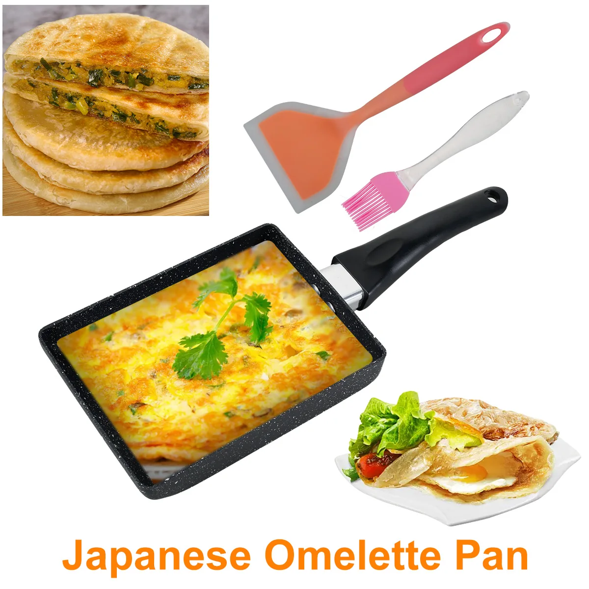 3 Stück Tamagoyaki-Pfanne mit Silikonspatel und Ölbürste, 7,3 x 5,3 Zoll, antihaftbeschichtete japanische Omelettpfanne, hochwertige rechteckige Bratpfannen