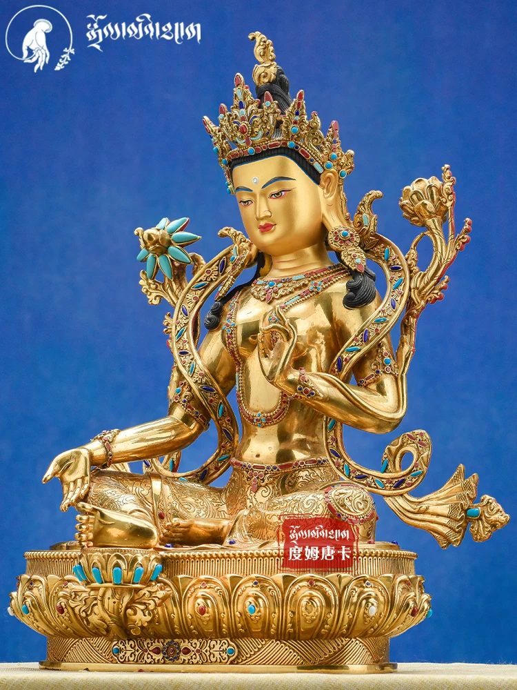 Pure copper gilt 10 inch 32cm green Tara Buddha statue Tibetan tantra offering bronze statue boutique statue ornament