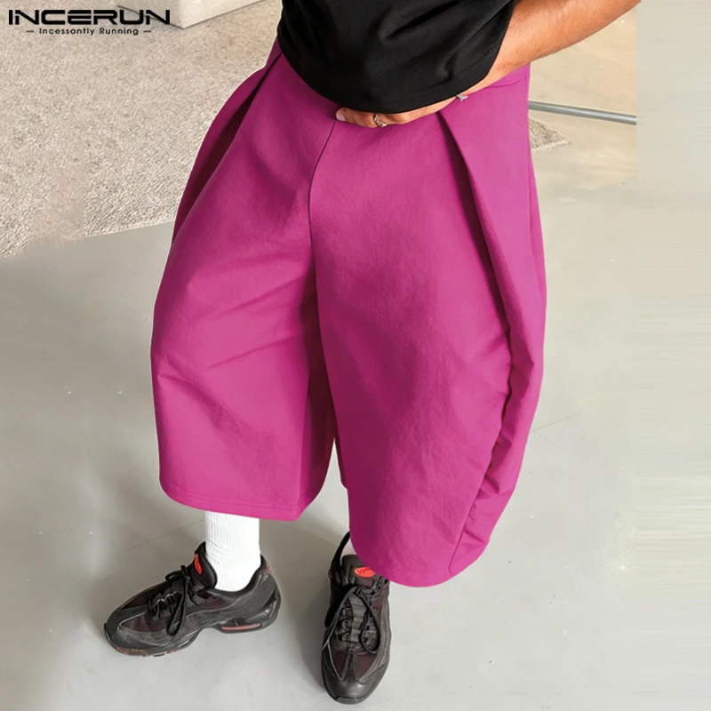 

INCERUN Men Pants Solid Color Joggers Loose Wide Leg Trousers Men Streetwear Korean Style Fashion Casual Male Calf-length Pants
