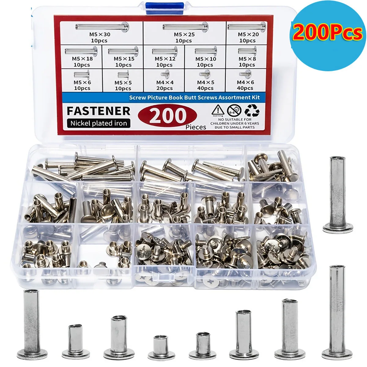 

200Pcs Carbon Steel Screws Set Head Binding Rivets for Leather Craft Belt Purse Bookbinding Fastener Kit Document Binding & DIY