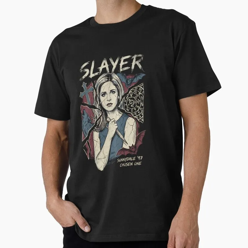 Buffy Inspired Graphic T-Shirt, 0811 Vintage Vampire Slayer Print Tee, Retro Horror Series Short Sleeve Casual Shirt US Size Top