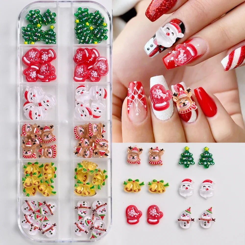 12 grilles 3D résine noël Nail Art breloques bonhomme de neige gants rouges père noël Festival ongles perceuse décoration manucure accessoires