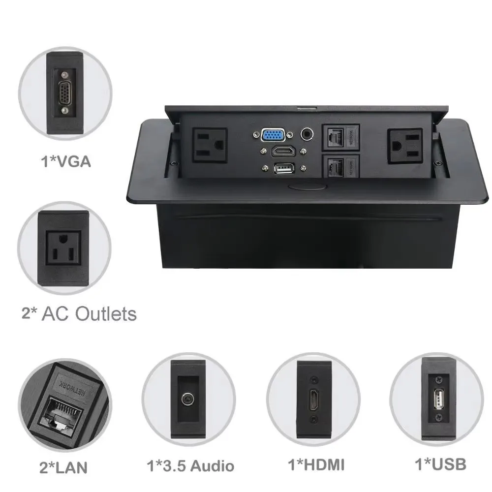 FUNAYA US MX Pop Up Hidden Built-in Desk Socket with USB CAT6 HDMI Electrical Recessed Countertop Outlet Desktop for Office Home