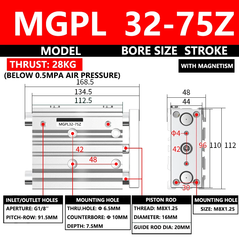 

ABILKEEN MGPL Series Pneumatic Compact Guide Cylinder MGPL32-75Z 32MM Bore X 75MM Stroke Thin Three Axis Three Rod Air Cylinder