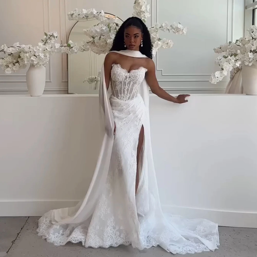 

Прозрачное кружевное свадебное платье русалки с высоким разрезом по индивидуальному заказу, роскошное свадебное платье для невест, модный дизайн