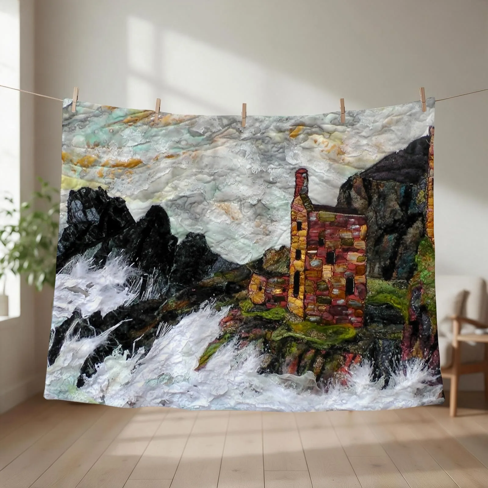 Engine Houses at Botallack Cornwall. Textile Art Throw Blanket couch cozy soft plush fuzzy picnic outdoor blanket