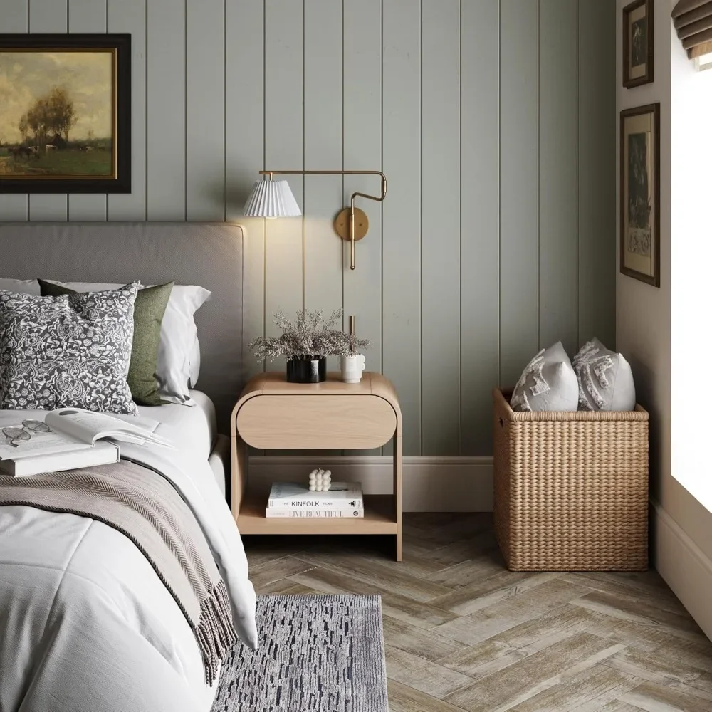 End Tables, Mid-Century Modern Nightstand with Drawer, End Table with Storage for Bedroom or Living Room Rounded Silhouette