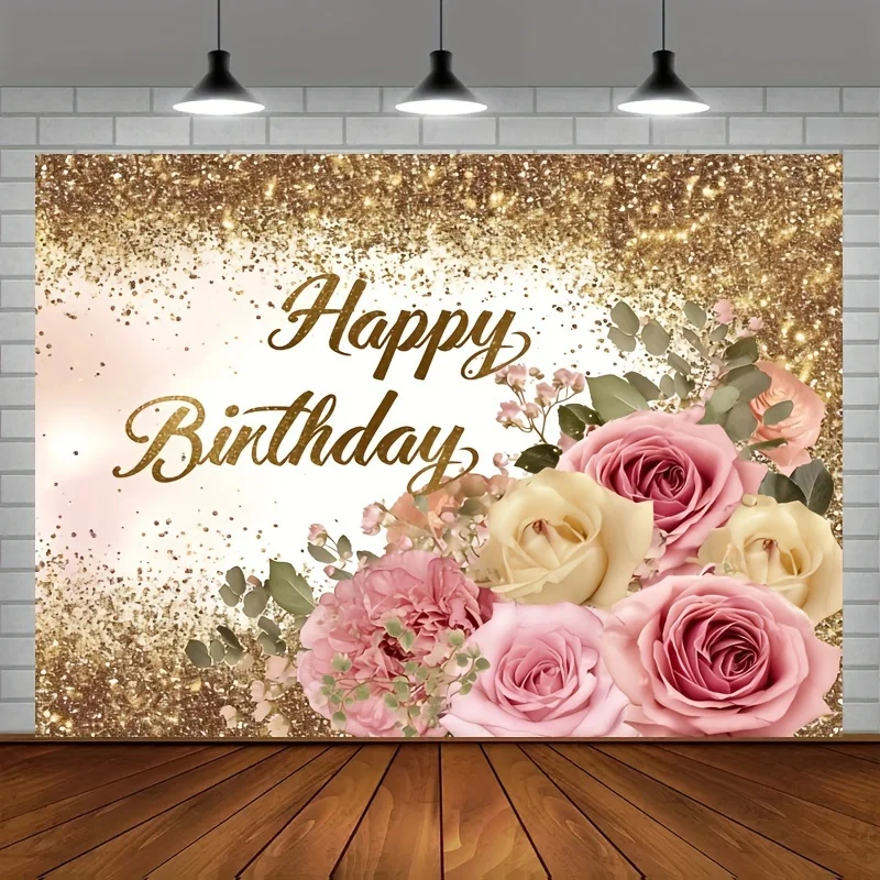 2025 Happy Birthday Backdrop Women Day Party Photoshoot Photography Background Pink Golden Floral Birthday Photo Booth Backdrops