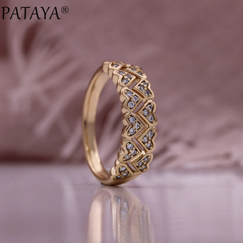 PATAYA New Unique Design Champagne Gold Color Rings for Women Girl Fashion Geometric Natural Zircon High Quality Daily Jewelry