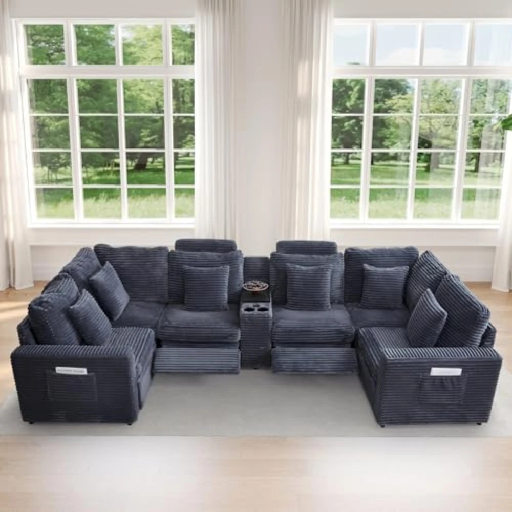 #￥Power Recliner Sectional Sofa U Shaped Couch withRecliners Console Corduroy 6 Seater Modular Sofa for Living Room Home Theater