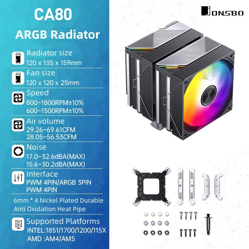 JONSBO CA40/CA80/CA90 CPU Koeler 4 HeatPipes 120mm Fan Stille ARGB PWM Hoge Prestaties Radiator LGA1700 1200 115X 1851 AM4 AM5