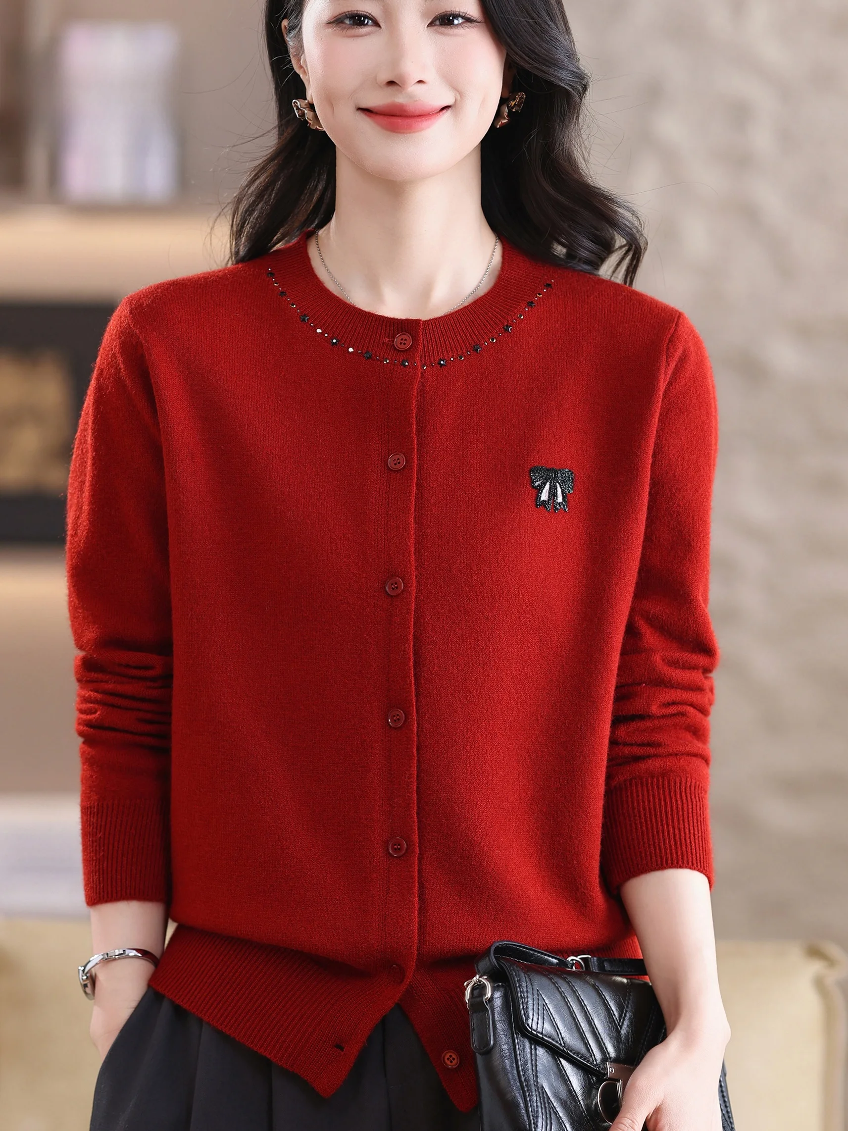 Spring Autumn Knitted Wool Open Cardigan Women's Loose round Neck Pearl Embellished Warm Fashionable Mommy Style Sweater Coat