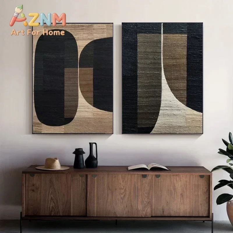 AZNM Neutral Geometric Abstract Canvas Wall Art Wabi Sabi Brown Black Texture Shape Art Print Unframed Canvas Poster for Home De