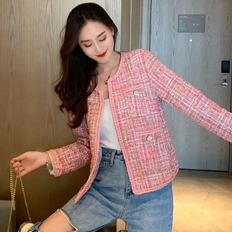 2021 Spring New Tweed Slim High quality Pink Jacket Women French Temperament Fashion Jacket Small Fragrant Wind Jacket Women