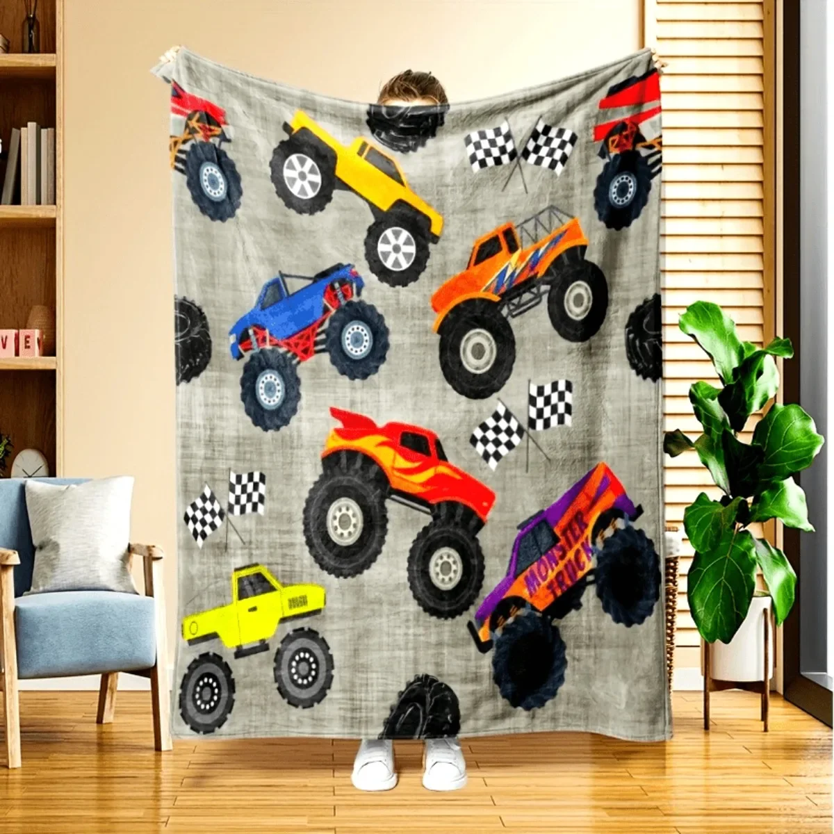 Soft Warm Flannel Throw Blanket with Offroad Race Monster Truck Design for Couch Bed Office or Travel
