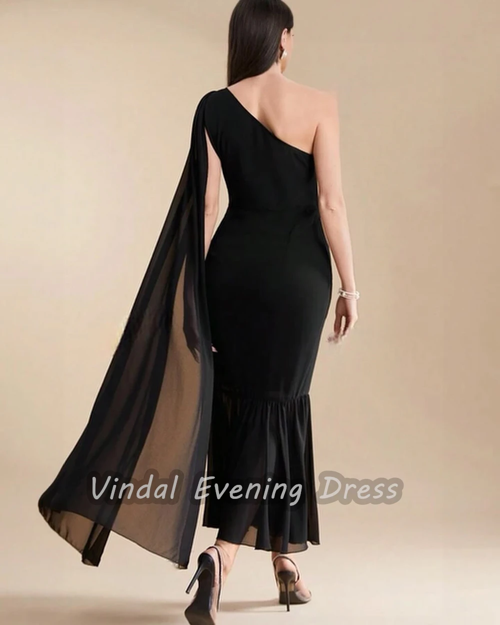 Vindal Chiffon Ankle length One Shoulder luxurious Ruffle Straight Breast Padding Elegant Short Sleeves السعود For Woman 2024