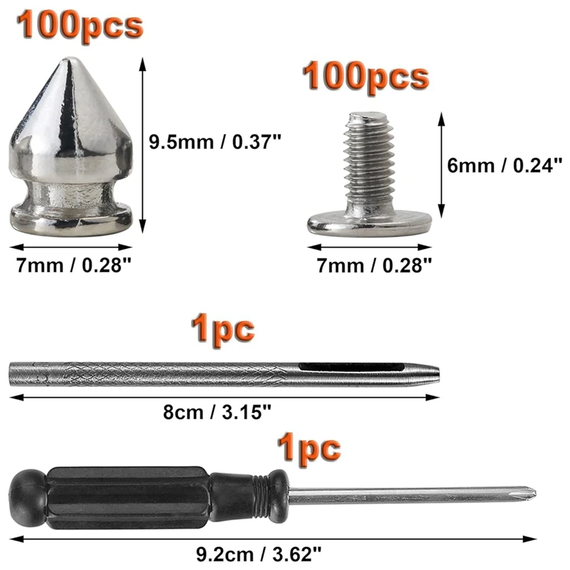 100er-Pack Spikes und Nieten, 9,5 mm Spikes für Kleidung, Metallnieten, Nieten, Silber, für Leder, Punk-Spikes, Zubehör, Schraubverschluss