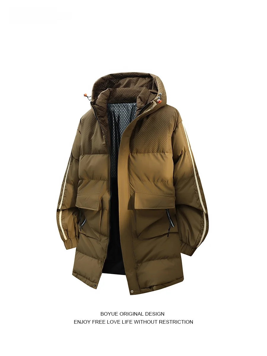 

Зимняя утепленная куртка Boyue большого размера с капюшоном, модное полосатое пальто средней длины для пар, теплый полиэстер