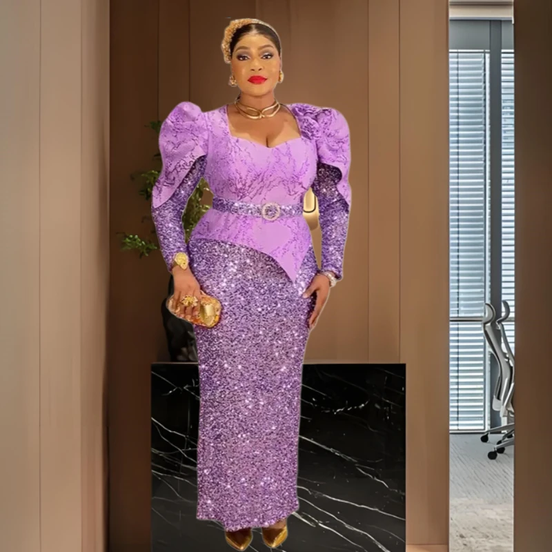 

African Dresses for Women 2025 Luxury Sequin Evening Gown Plus Size Turkey Wedding Party Dress Elegant Africa Clothing