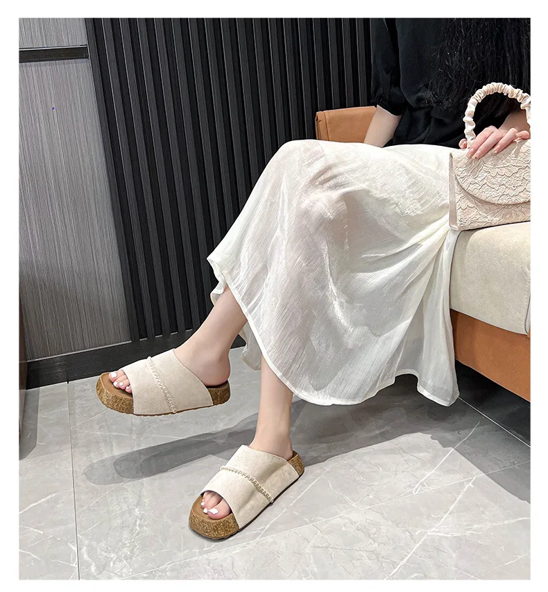 

Roject Cloud 100% Genuine Leather Flat Sandals Lane Cork Footbed Women Comfortable Beach Essentials for Women