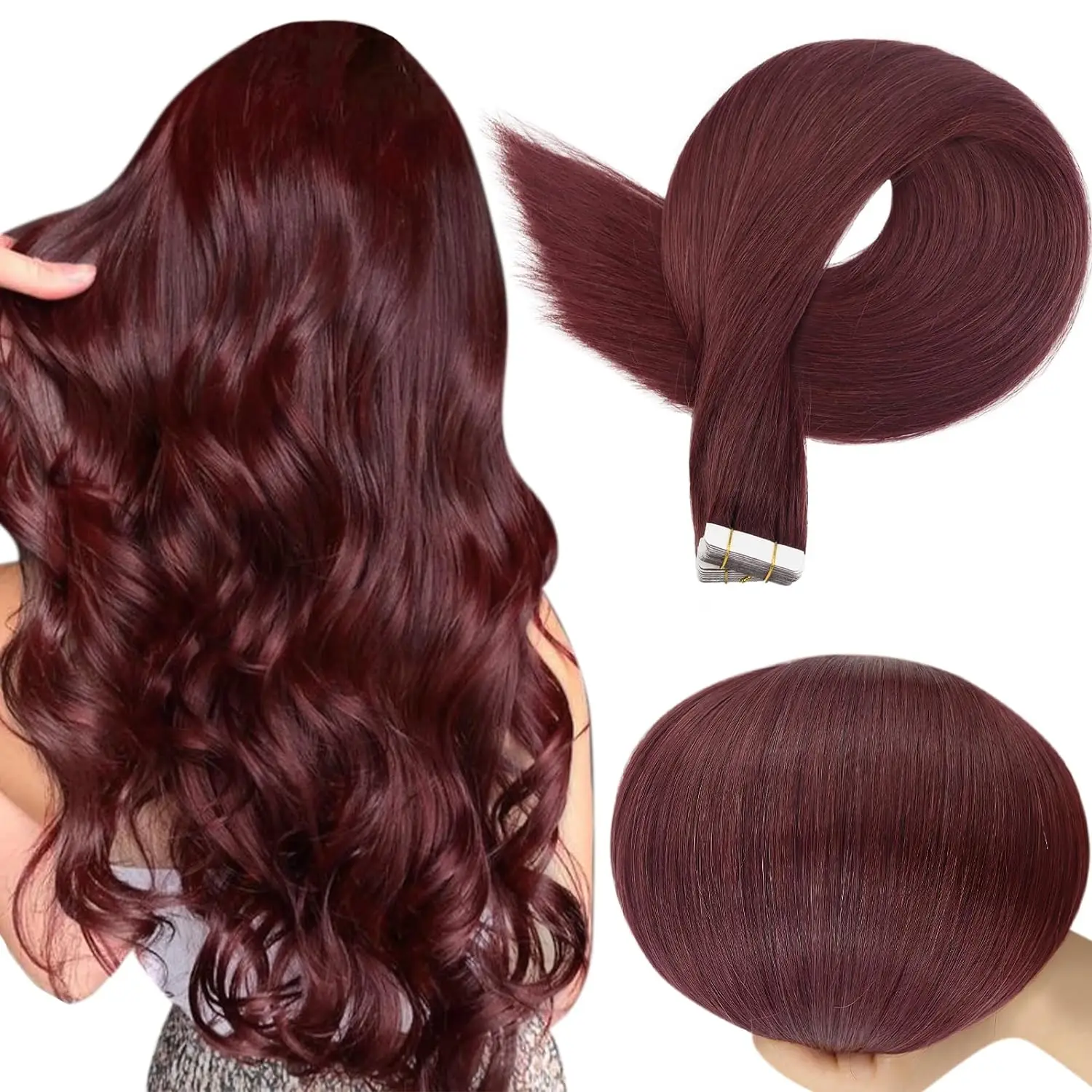 Full Shine Burgundy Tape in Hair Extensions 50 Gram Tape in Human Hair 20Pcs Seamless Skin Weft Human Hair Extensions for Woman