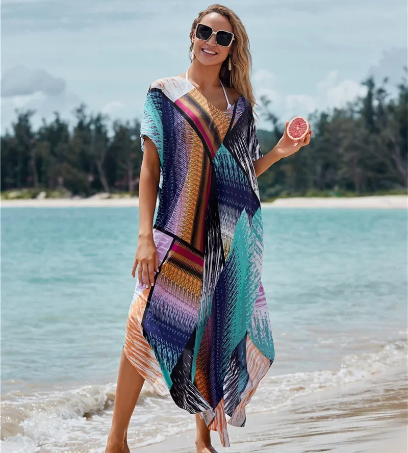 New Color Blocks Bikini Cover-ups Bohemian Print V-neck Summer Dress Beach Tunic Women Beachwear Kaftan Swimsuit Cover Up