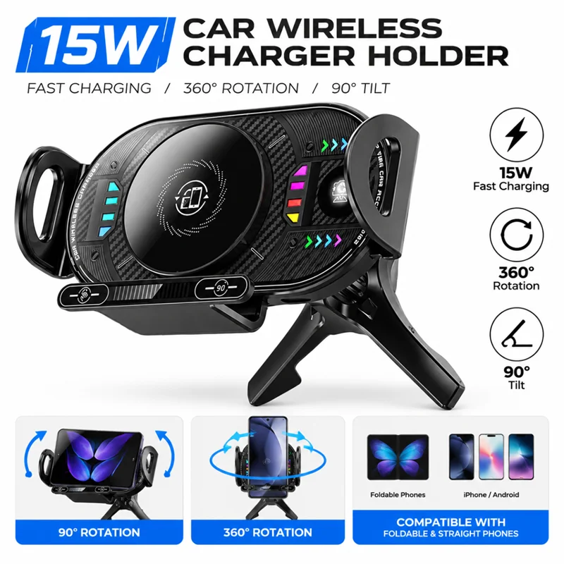 15W Car Wireless Charger Mount Touch Control 90 Degree Rotation  RGB Ambient Light Car Vent Phone Holder for Foldable Smartphone