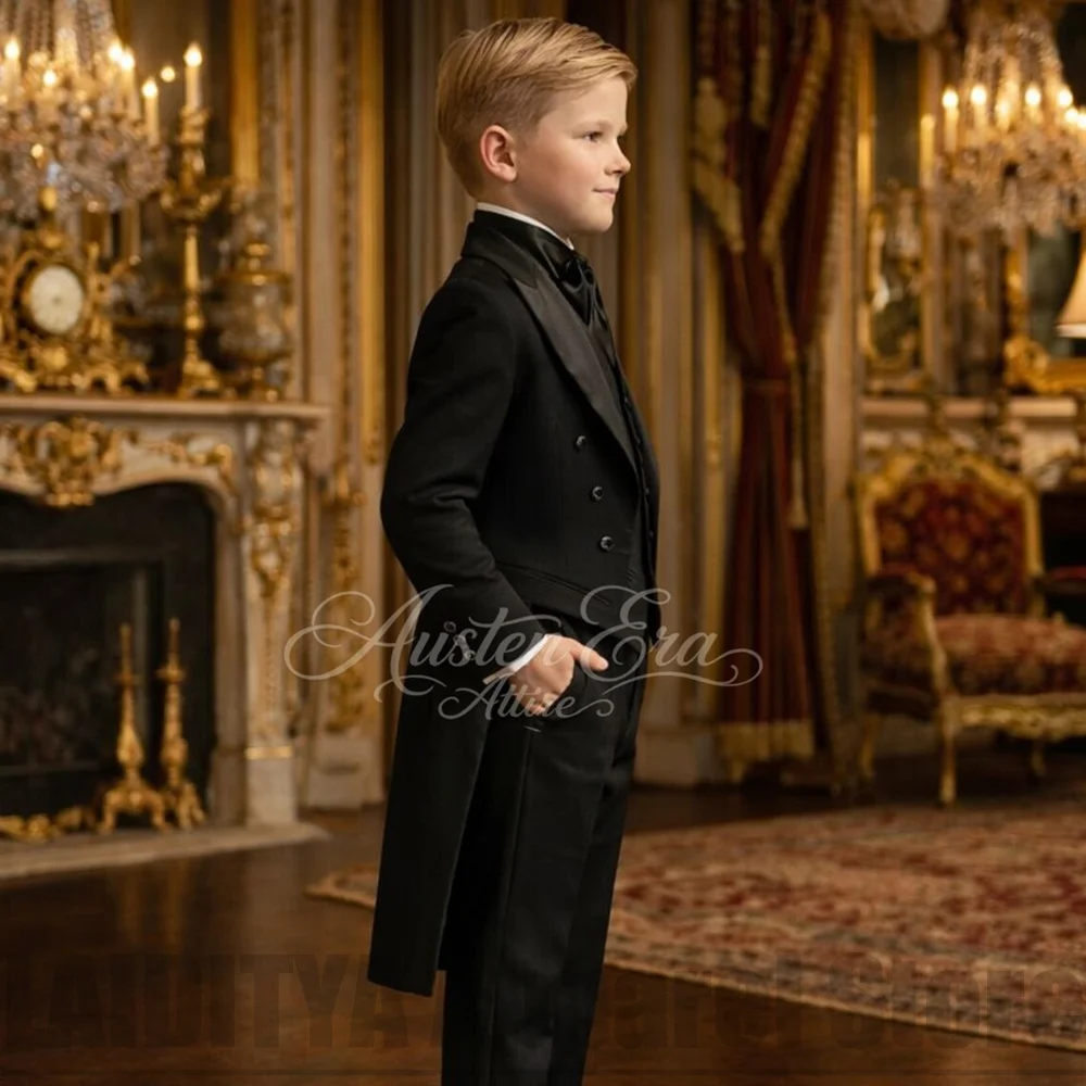 Black Boys Suit Chic Satin Peak Lapel Double Breasted Tailcoat Kids Wedding Page Boy Formal Birthday Party Gentleman Outfit