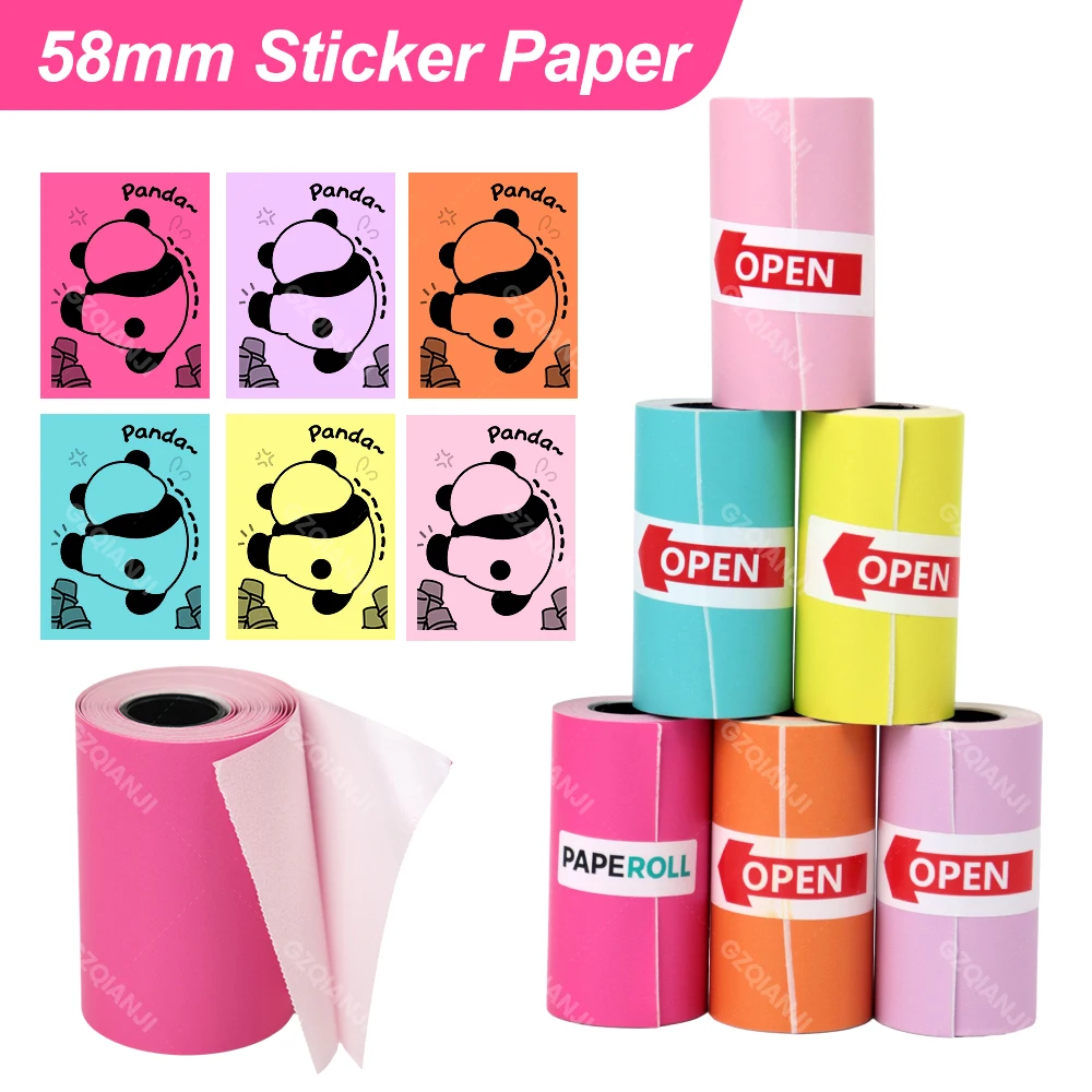 58mm Color Sticker Thermal Paper Roll Suit for 58mm Printers 57*30mm Photo Notes Adhesive Papers 3/6 Rolls Set