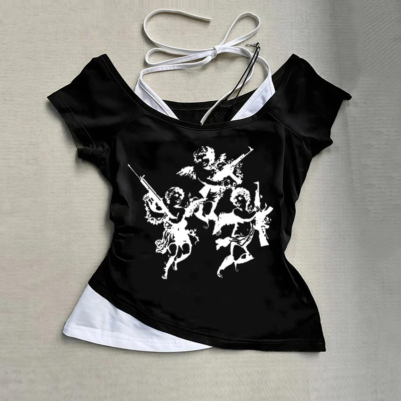 

2025 Spring/Summer New European and American Y2K Sexy Temperament Women's T-shirt Gothic Printed Pattern Two Piece Set Strap