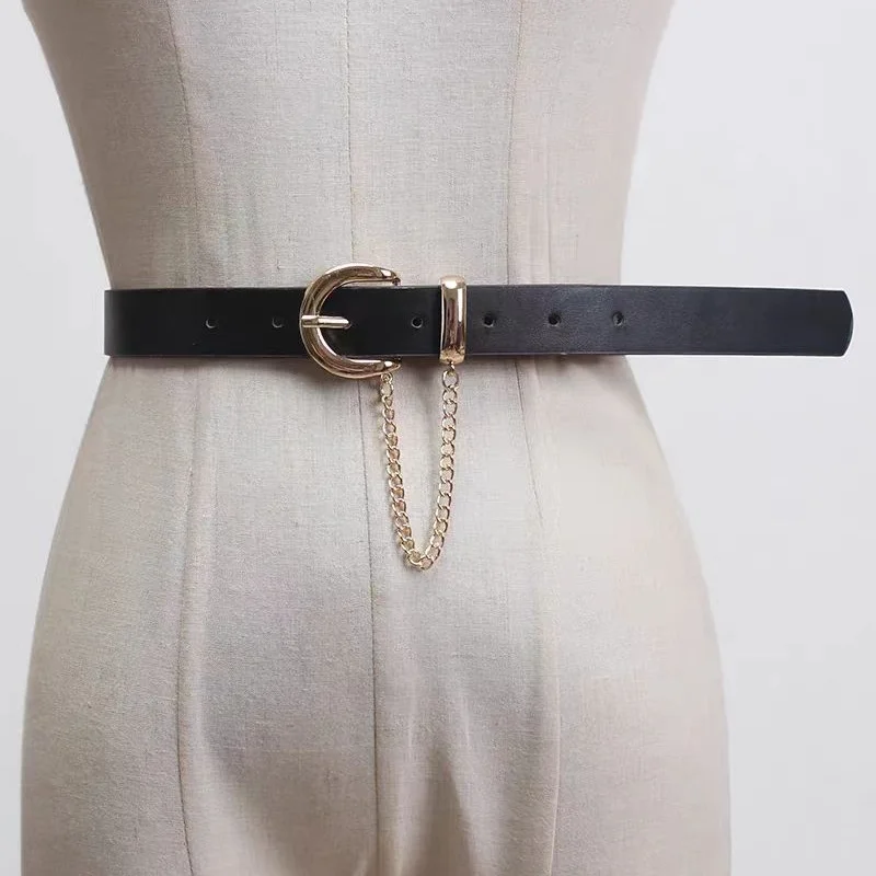 Spring Fashion Casual PU Leather Belt with Chain Decoration Half-Round Buckle for Women to Match Denim Jeans And Skirts