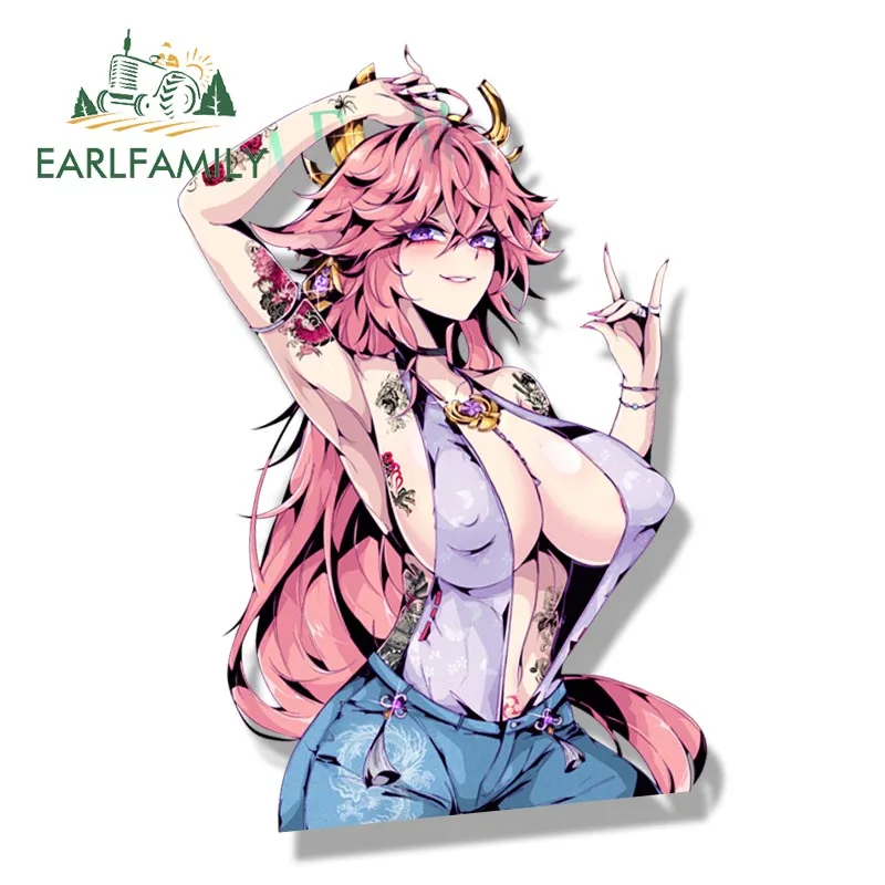 EARLFAMILY Casual Outfit Yae Miko Fanart Car Sticker Anime Genshin Impact Sketch Waifu Decal JDM Cartoon Peek Graffiti Stickers