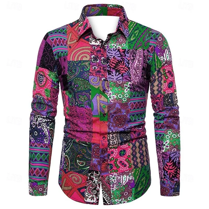 New men's long sleeved shirt with Paisley pattern 3D leopard print retro ethnic style long sleeved shirt top