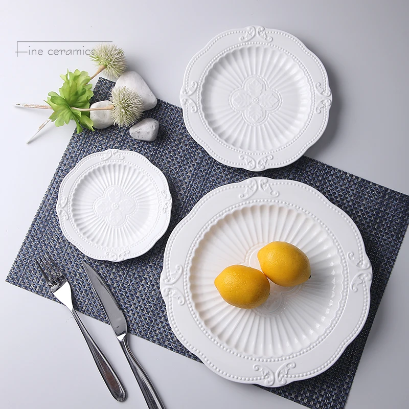 

3pcs Set, 6+8+10inch, White Embossed Porcelain Charger Plates for Wedding, Nordic Ceramic Buffet Dinner Plate, Soup Set