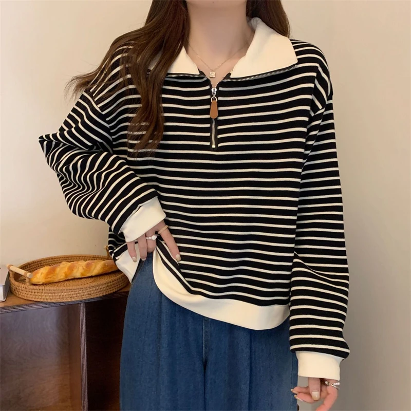 Women Trendy Striped Polo Collar Half Zipper Streetwear Oversize Chic Sweatshirts Casual Long Sleeve Pullover Tops Y2K Sudaderas