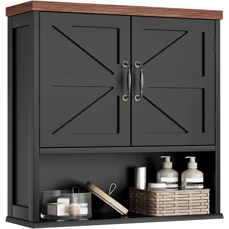 

Farmhouse Bathroom Cabinet Wall Mounted, Black Bathroom Medicine Cabinet with Adjustable Shelf, Bathroom Cabinet