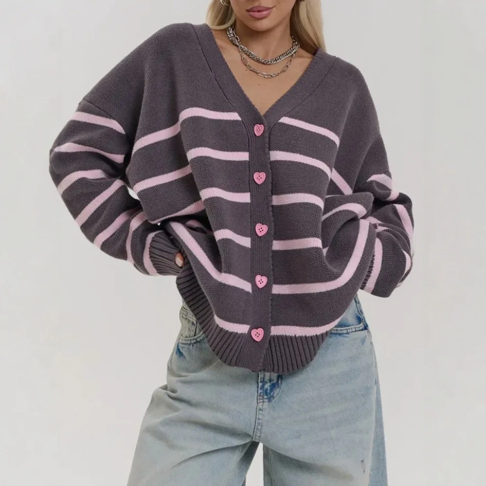 

Женские кардиганы с длинным рукавом и v-образным вырезом на пуговицах в полоску, скромные модные осенне-зимние повседневные кардиганы