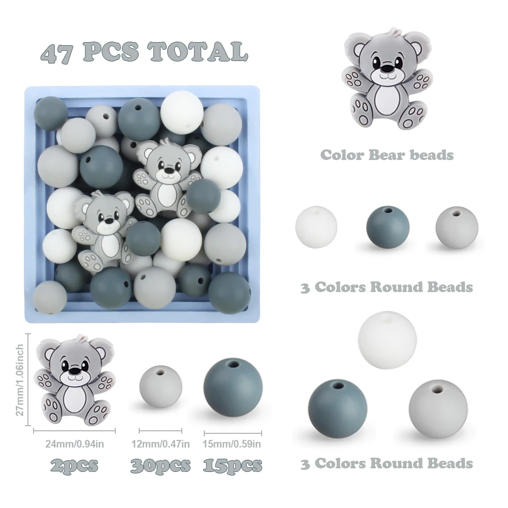 47Pcs/Set Bear Silicone Beads Set Round Fcoal Beads Baby Teething Teether DIY Pacifier Chain Keychain Necklaces Accessories